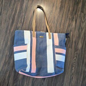 SUN "N" SAND Cotton Canvas Blue, Pink & White Striped Large Tote NWOT
